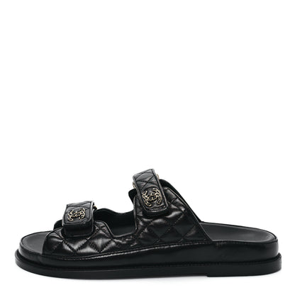 Chanel Lambskin Quilted Velcro Dad Chain CC Slide Sandals 41 Black 1 of 10