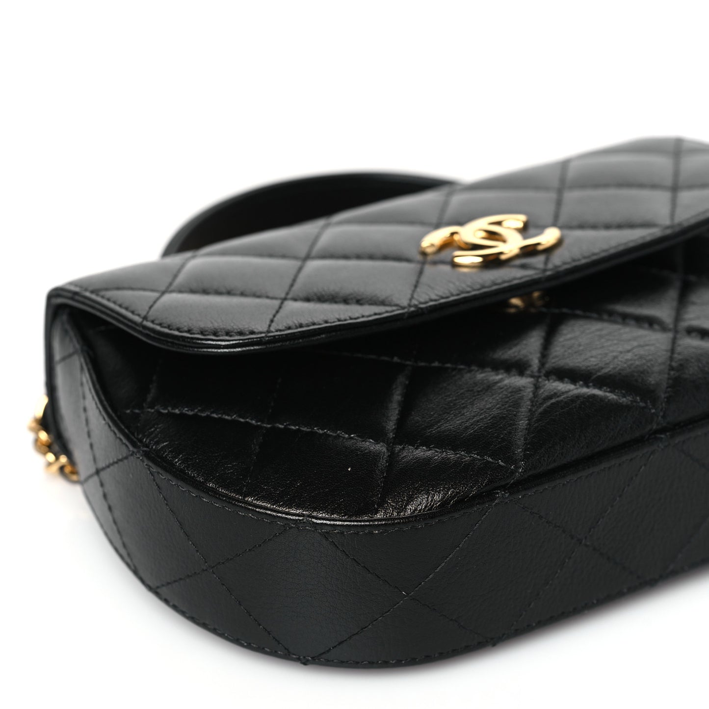 Shiny Aged Calfskin Quilted Top Handle Clutch With Chain Black