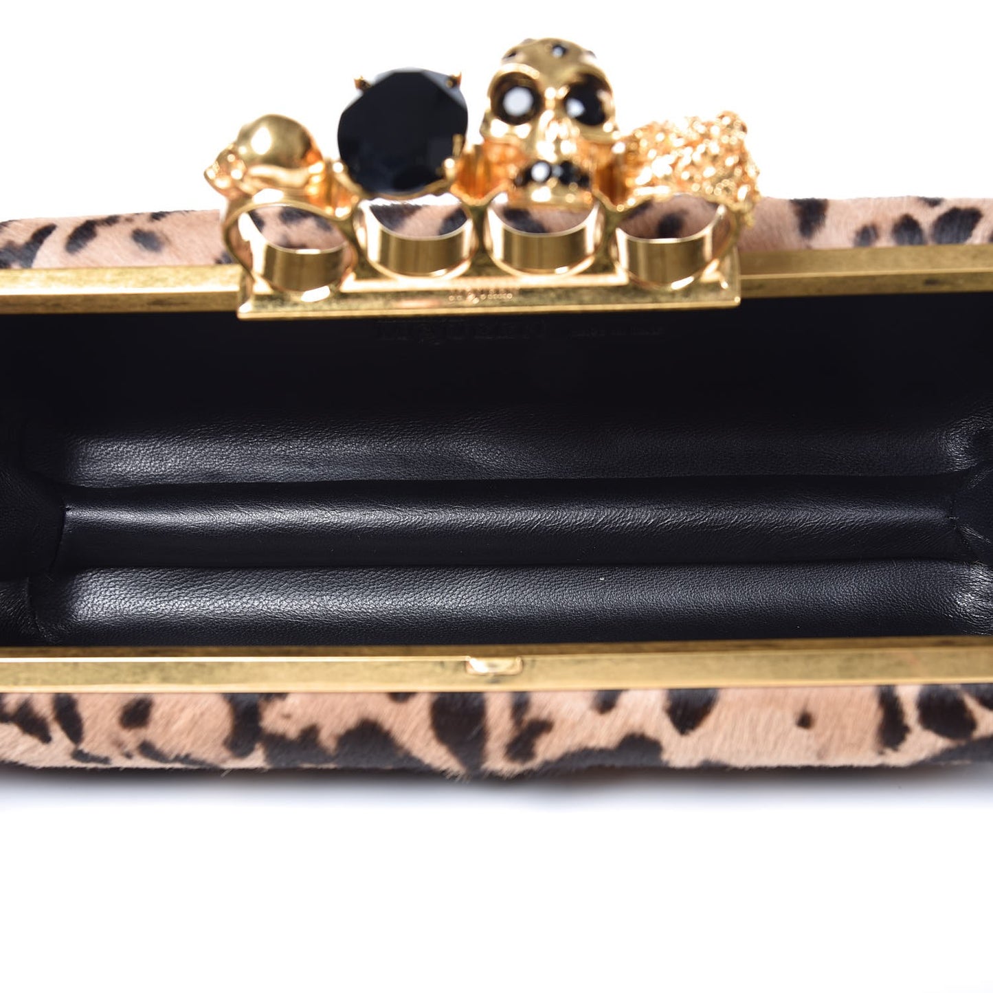 Calf Hair Leopard Print Knuckle Box Clutch Brown Black