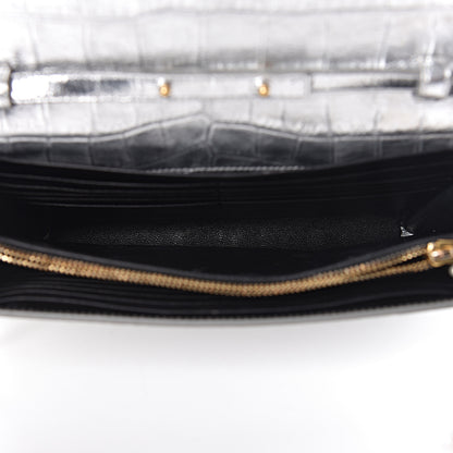 Saint Laurent Calfskin Crocodile Embossed Monogram Chain Wallet Argento 5 of 13
