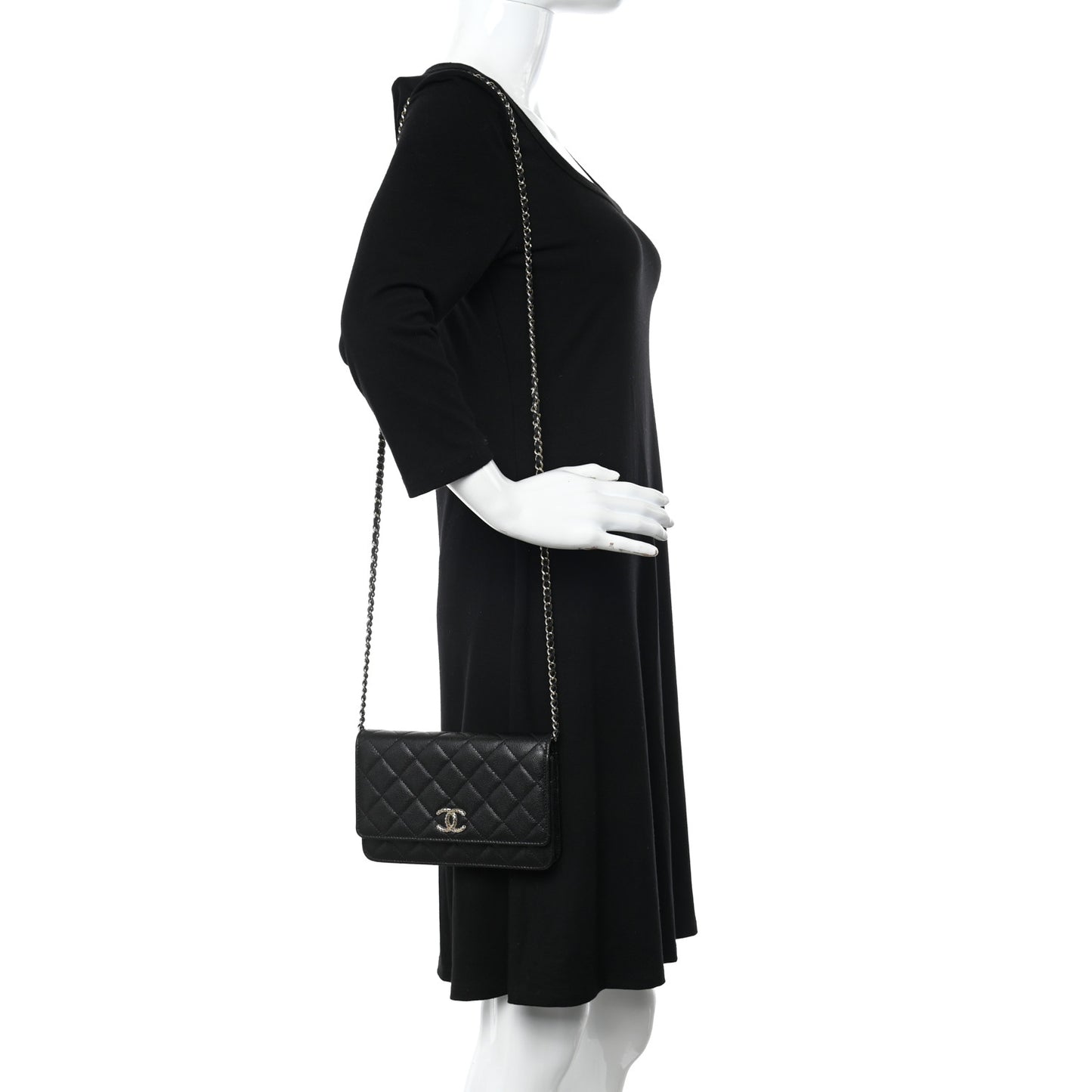 Caviar Quilted Perforated Metal CC Wallet On Chain WOC Black