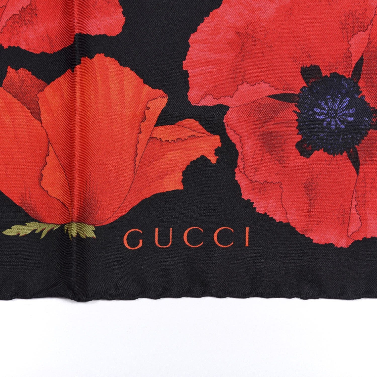 Gucci Silk Poppy Print Square Scarf Black Red 3 of 3