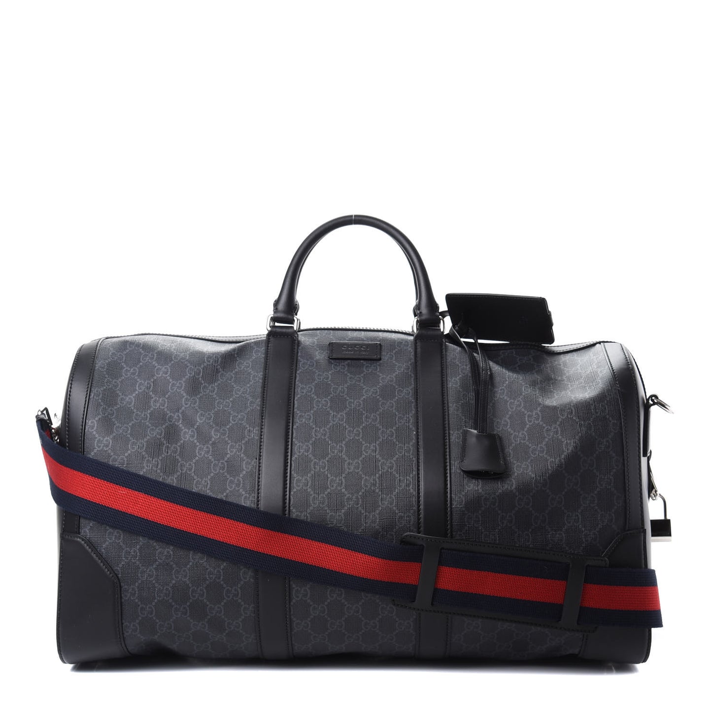 Soft GG Supreme Monogram Appia Calfskin Web Large Carry On Duffle Bag Black Grey