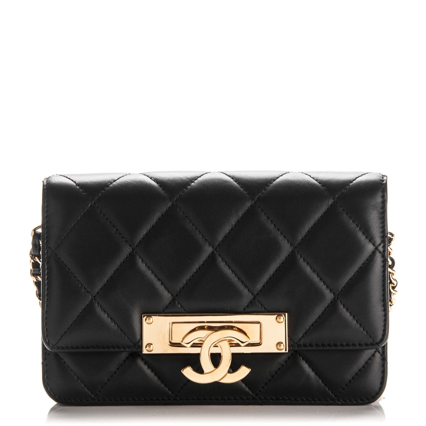 Lambskin Quilted Golden Class Wallet on Chain WOC Black
