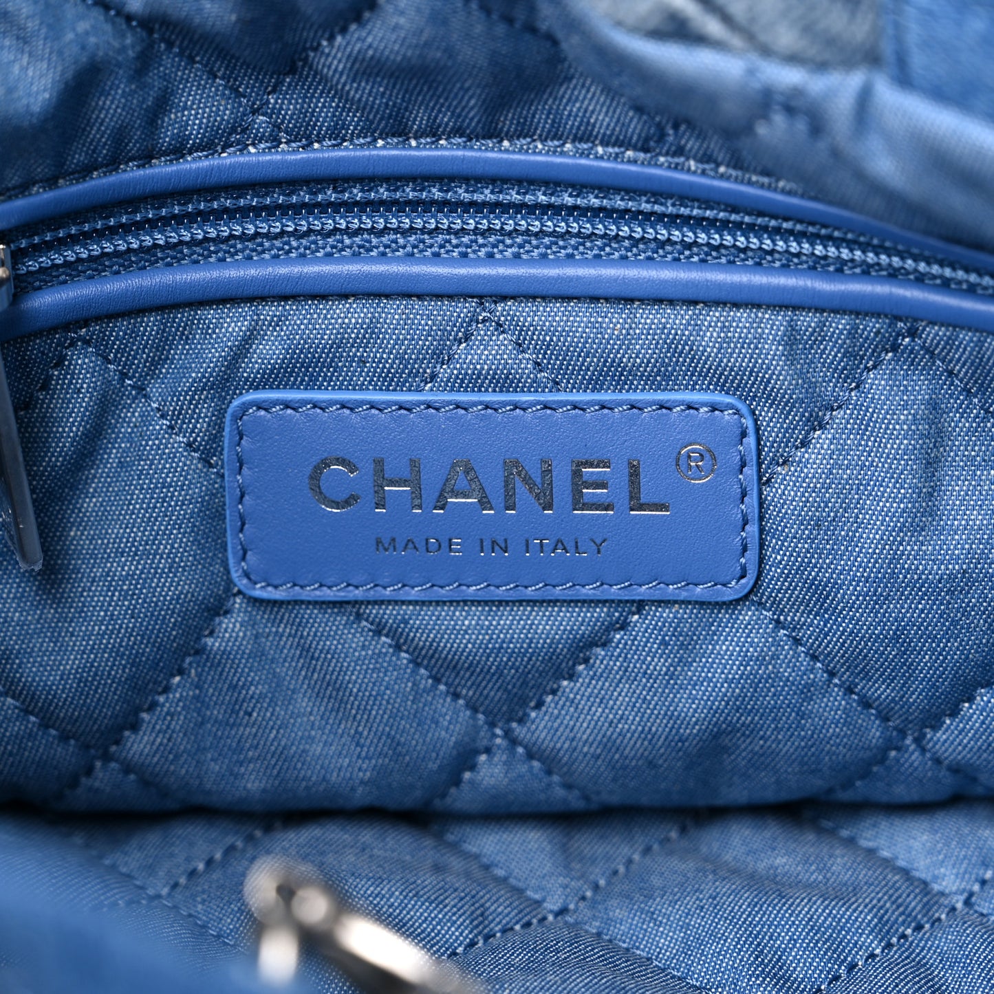 Denim Quilted Chanel 22 Backpack Blue