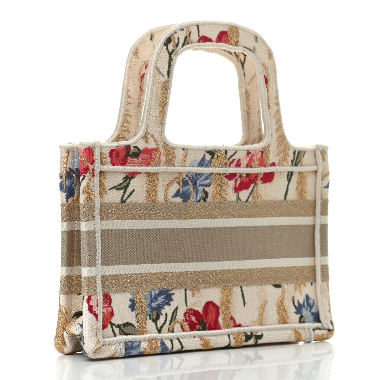 Canvas Embroidered Hibiscus Printed Mini Book Tote Beige Multicolor