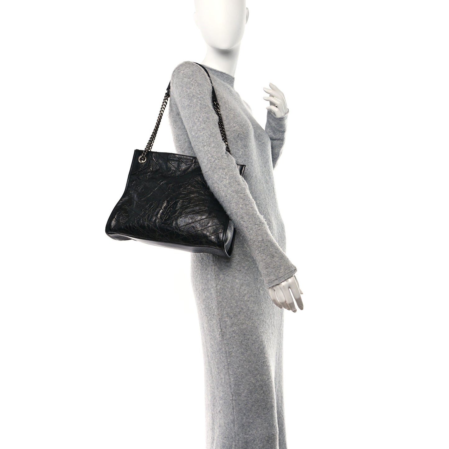 Crinkled Calfskin Matelasse Monogram Medium Niki Shopper Tote Black
