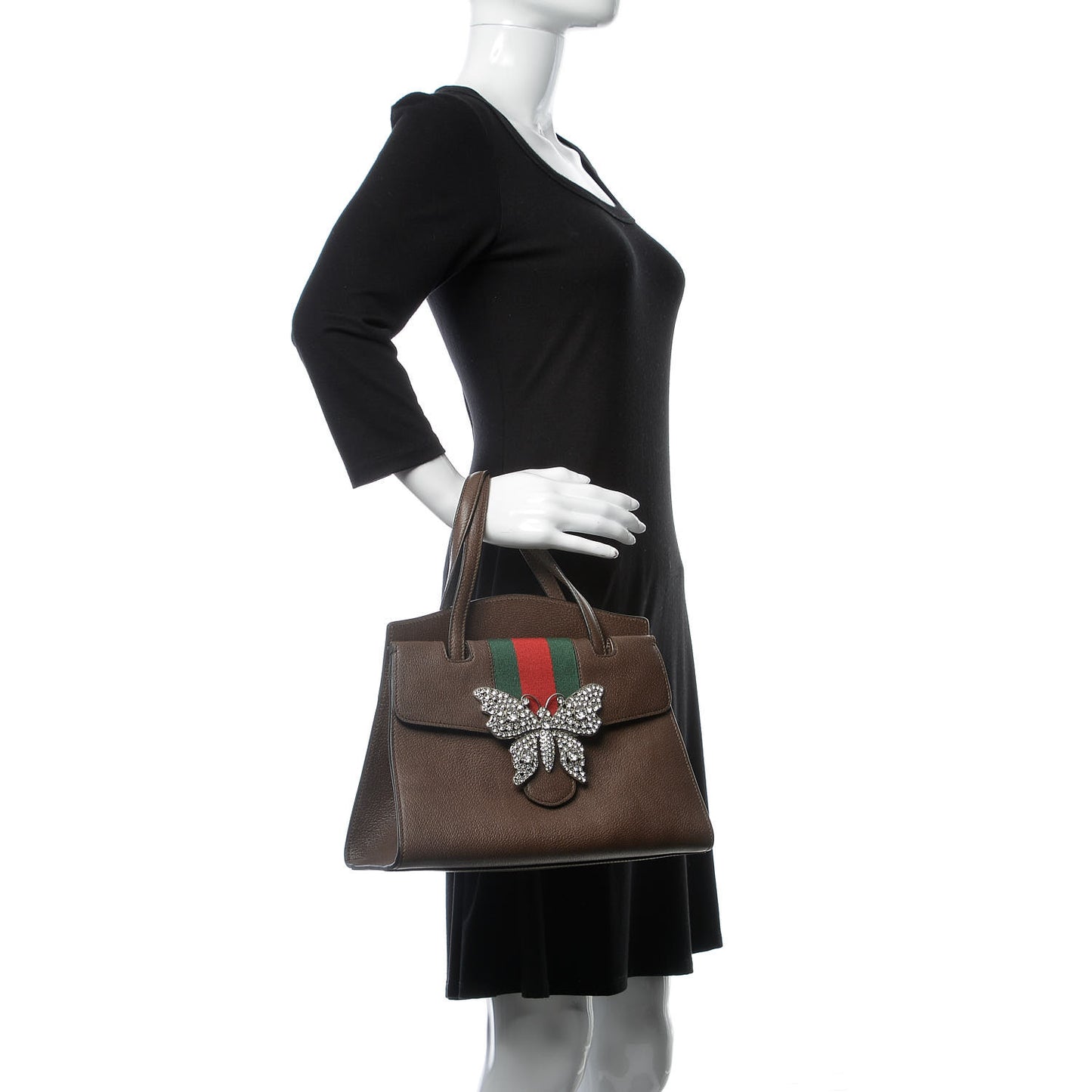 Textured Calfskin Web Crystal Butterfly Stripe Medium Totem Top Handle Bag New Acero