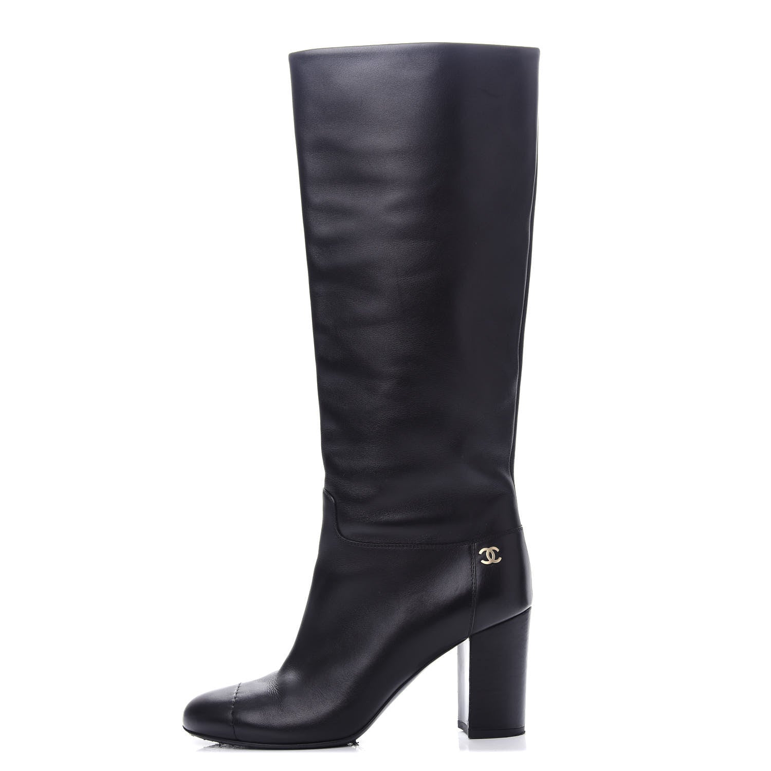 Chanel Calfskin CC Knee High Boots 37.5 Black 1 of 10