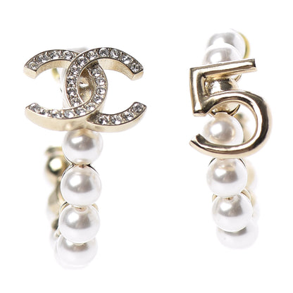 Chanel Crystal Pearl CC No 5 Hoop Drop Earring Gold 1 of 4