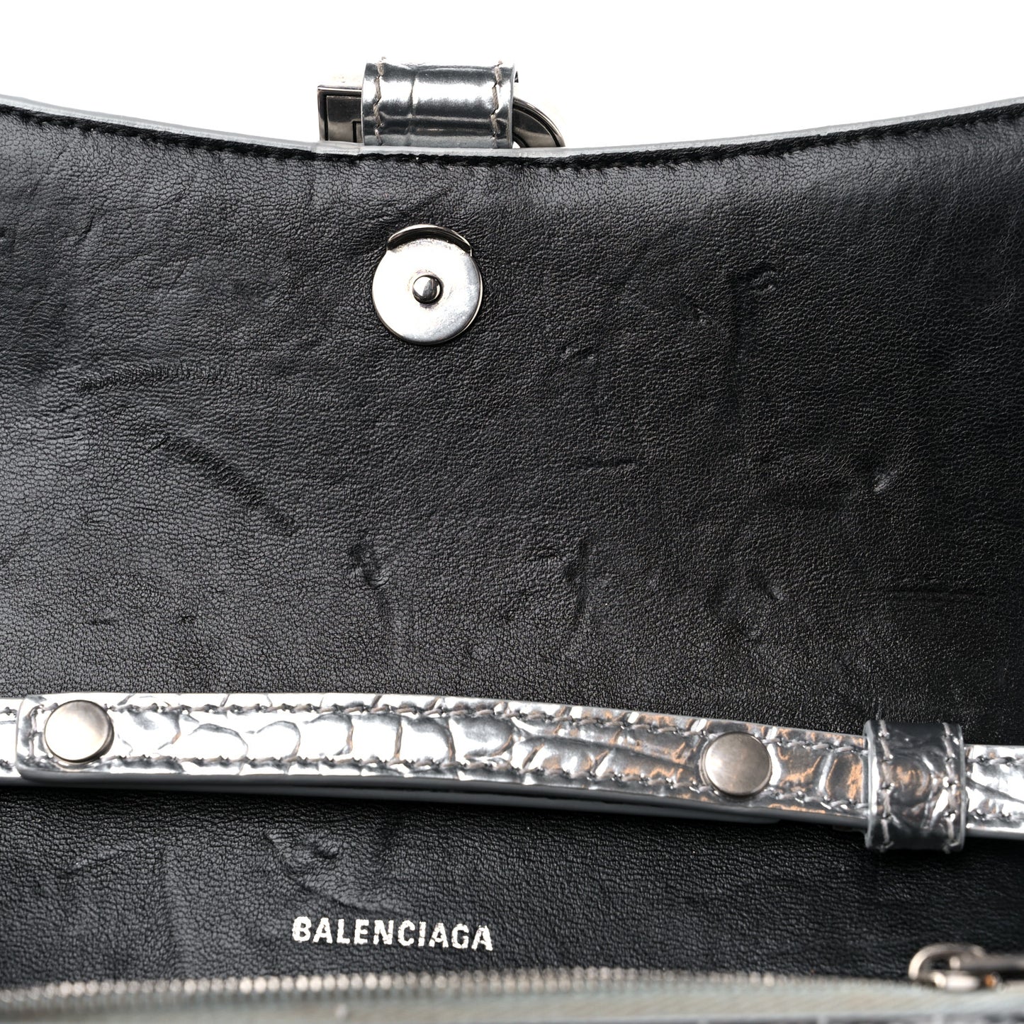 Metallic Calfskin Crocodile Embossed Hourglass Chain Bag Silver