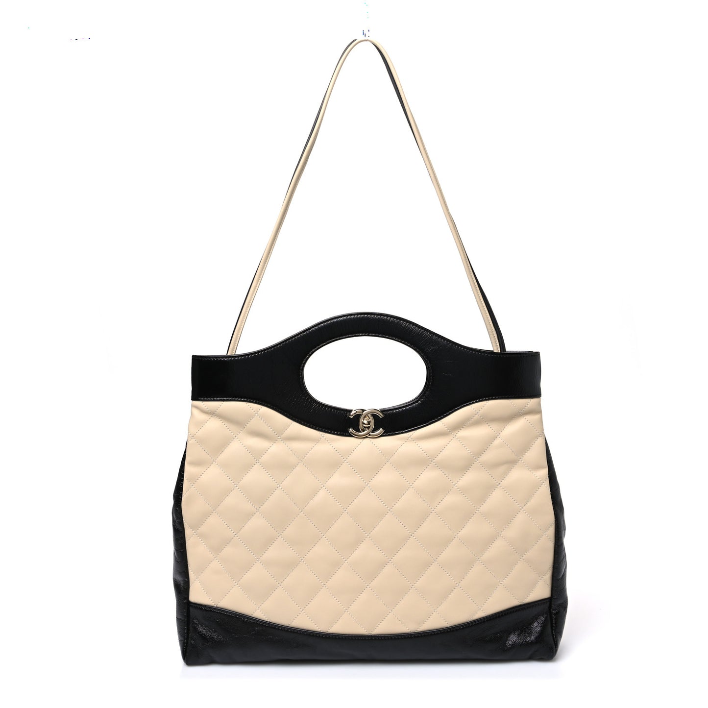 Aged Calfskin Quilted Large 31 Shopping Bag Beige Black