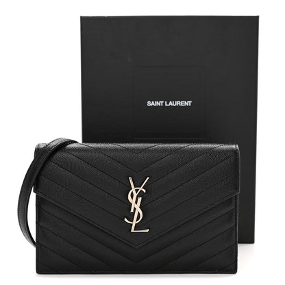 Saint Laurent Grain De Poudre Matelasse Chevron Monogram Envelope Chain Wallet Black 12 of 12