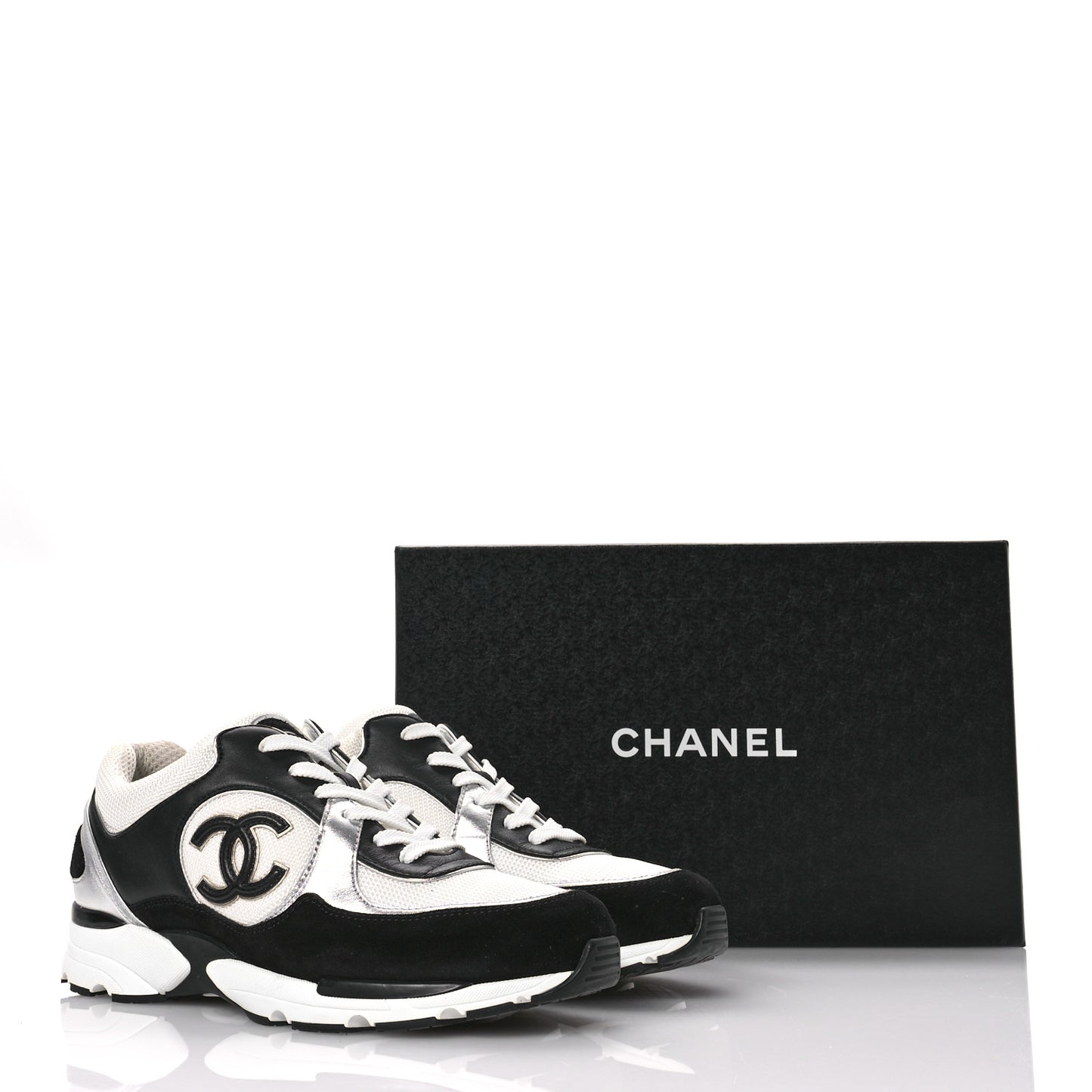 Mesh Suede Calfskin Grained Calfskin Womens CC Sneakers 39.5 Black White Silver