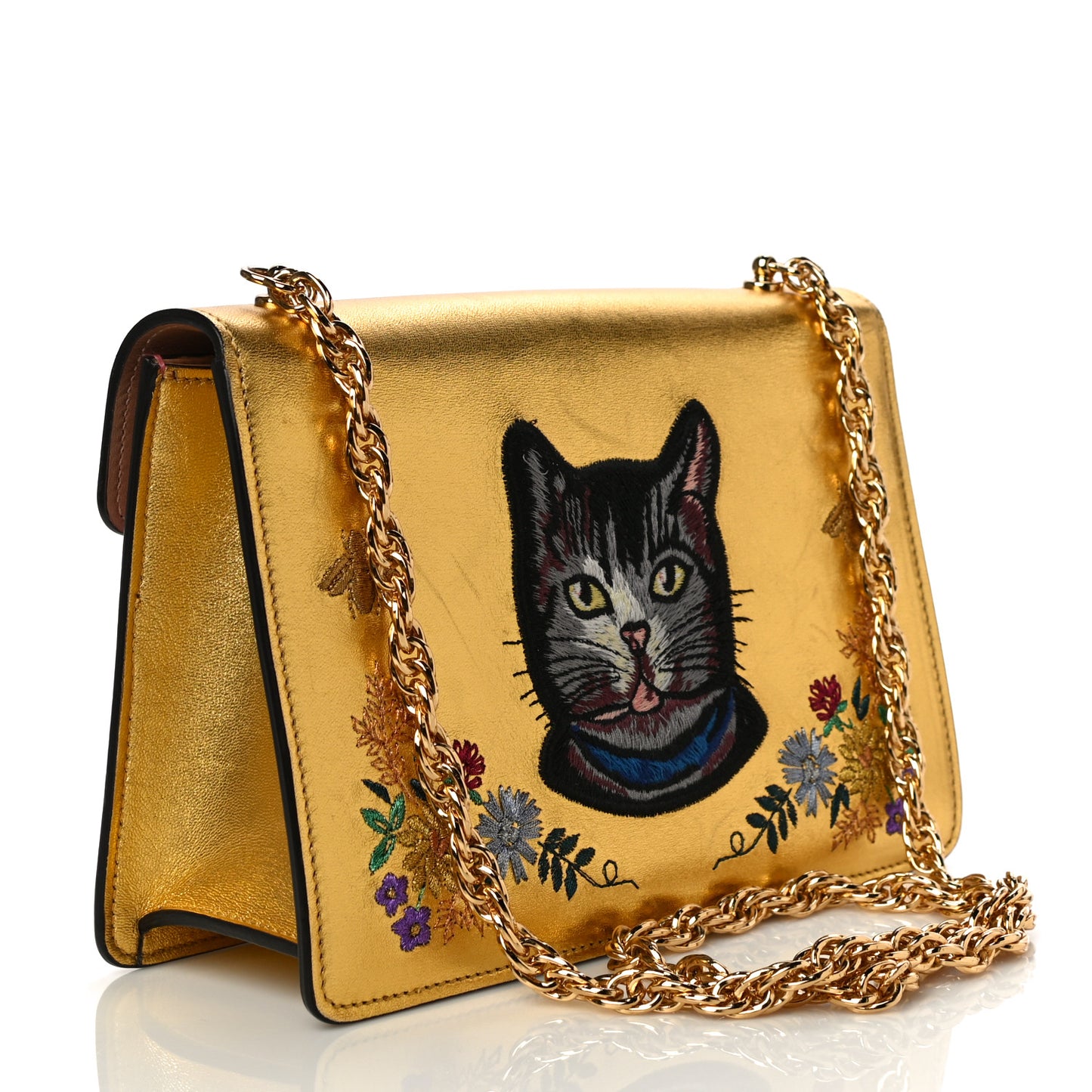 Metallic Calfskin Embroidered Small Shoulder Bag Gold