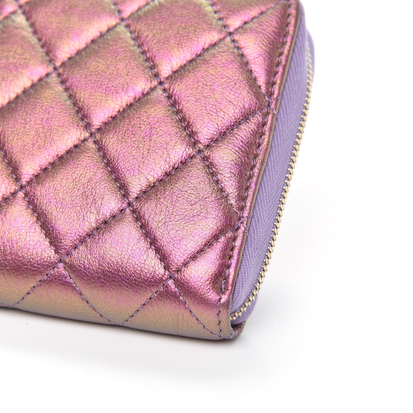 Iridescent Lambskin Quilted Large Gusset Zip Around Wallet Purple