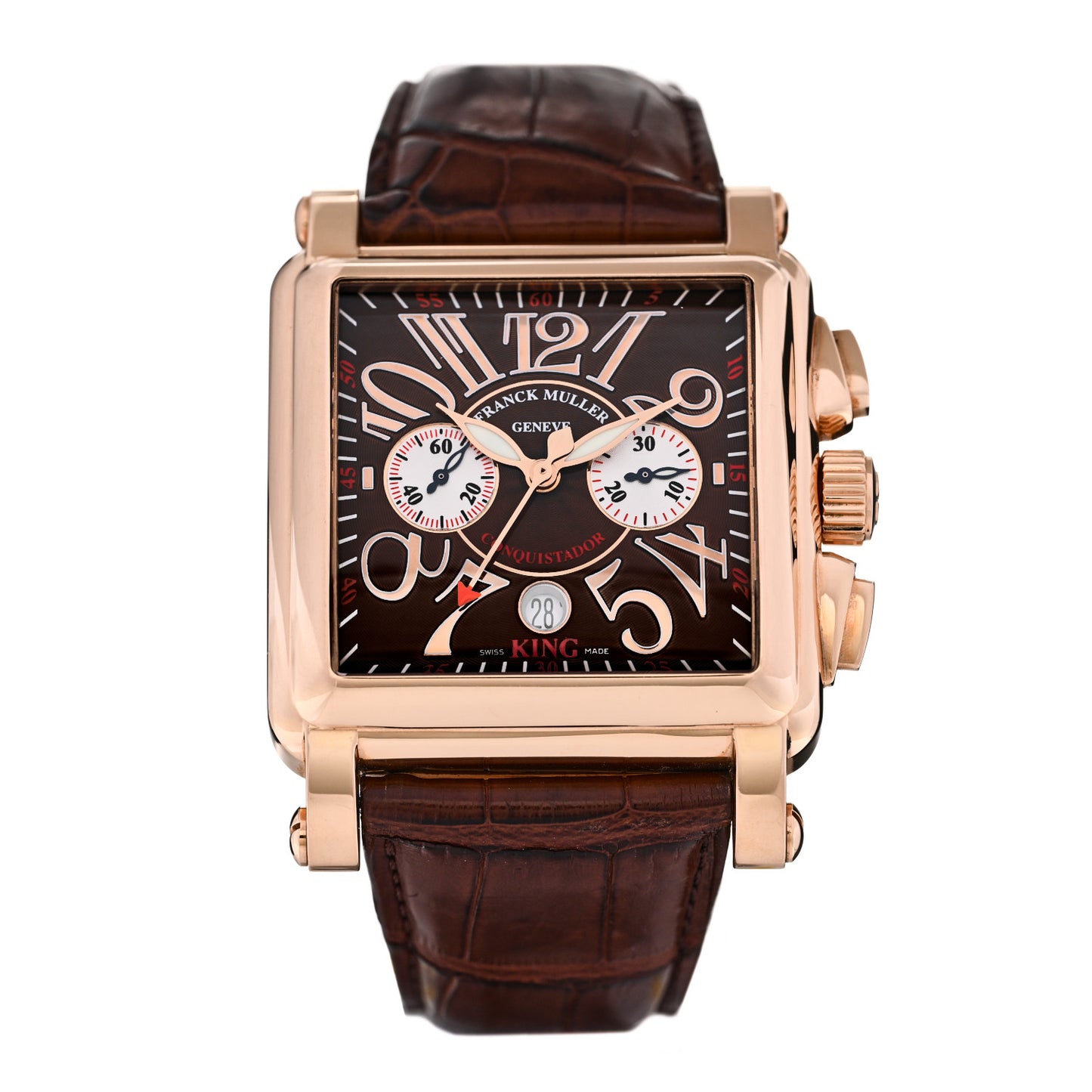 18K Rose Gold Alligator 45mm Conquistador Cortez Chronograph Automatic Watch Brown 10000KCC