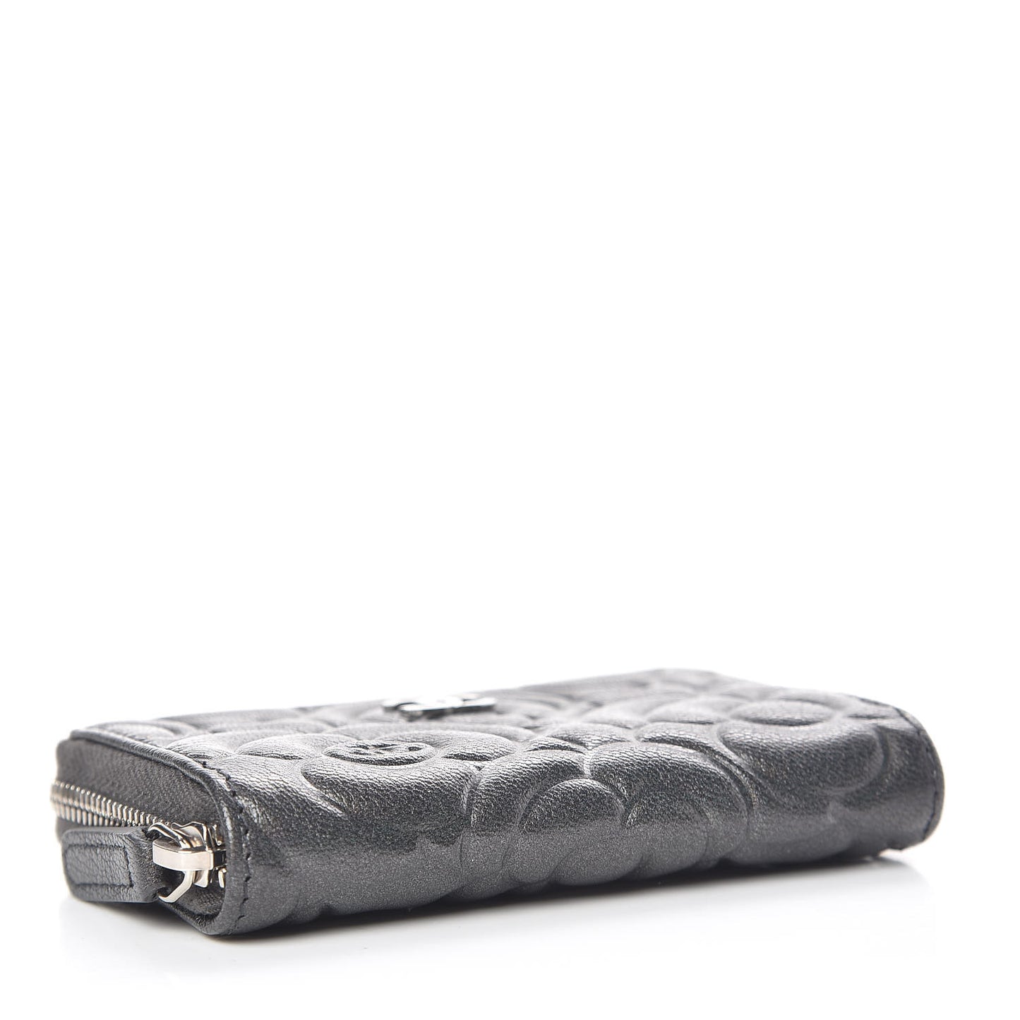 Goatskin Camellia Embossed Zip Coin Purse Anthracite