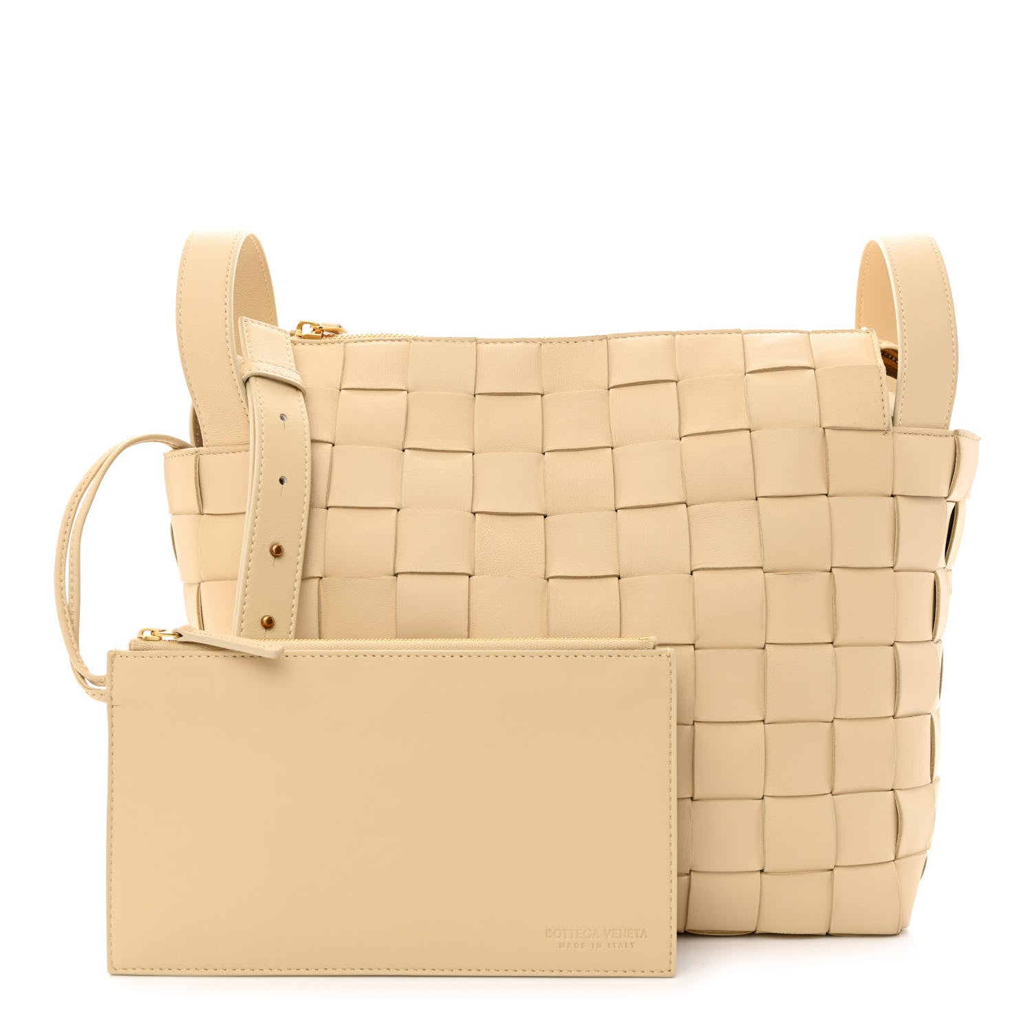 image of BOTTEGA VENETA Lambskin Maxi Intrecciato Bowling Cassette Shoulder Bag in the color Porridge by FASHIONPHILE