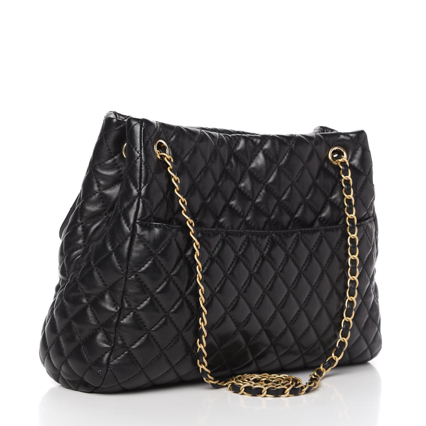 Lambskin Quilted Large Fluffy CC Shopping Tote Black