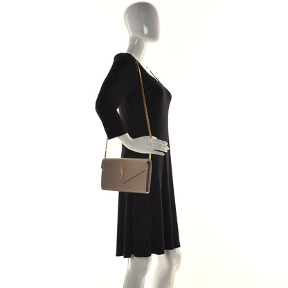 Saint Laurent Grain De Poudre Matelasse Chevron Monogram Chain Wallet Dark Beige 2 of 13