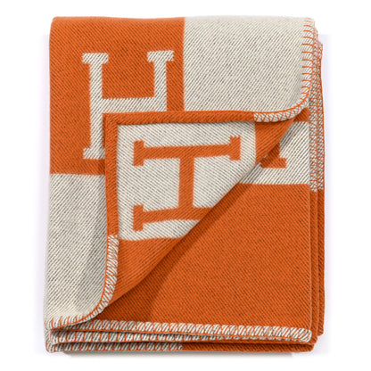 Hermes Wool Cashmere Signature Classic Avalon Blanket Ecru Potiron 2 of 3