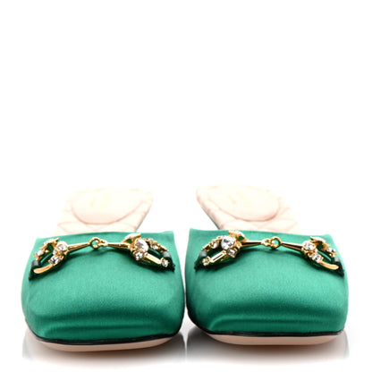 Gucci Silk Satin Crystal Embellished Horsebit Mules 36.5 Shamarock Emerald 3 of 10