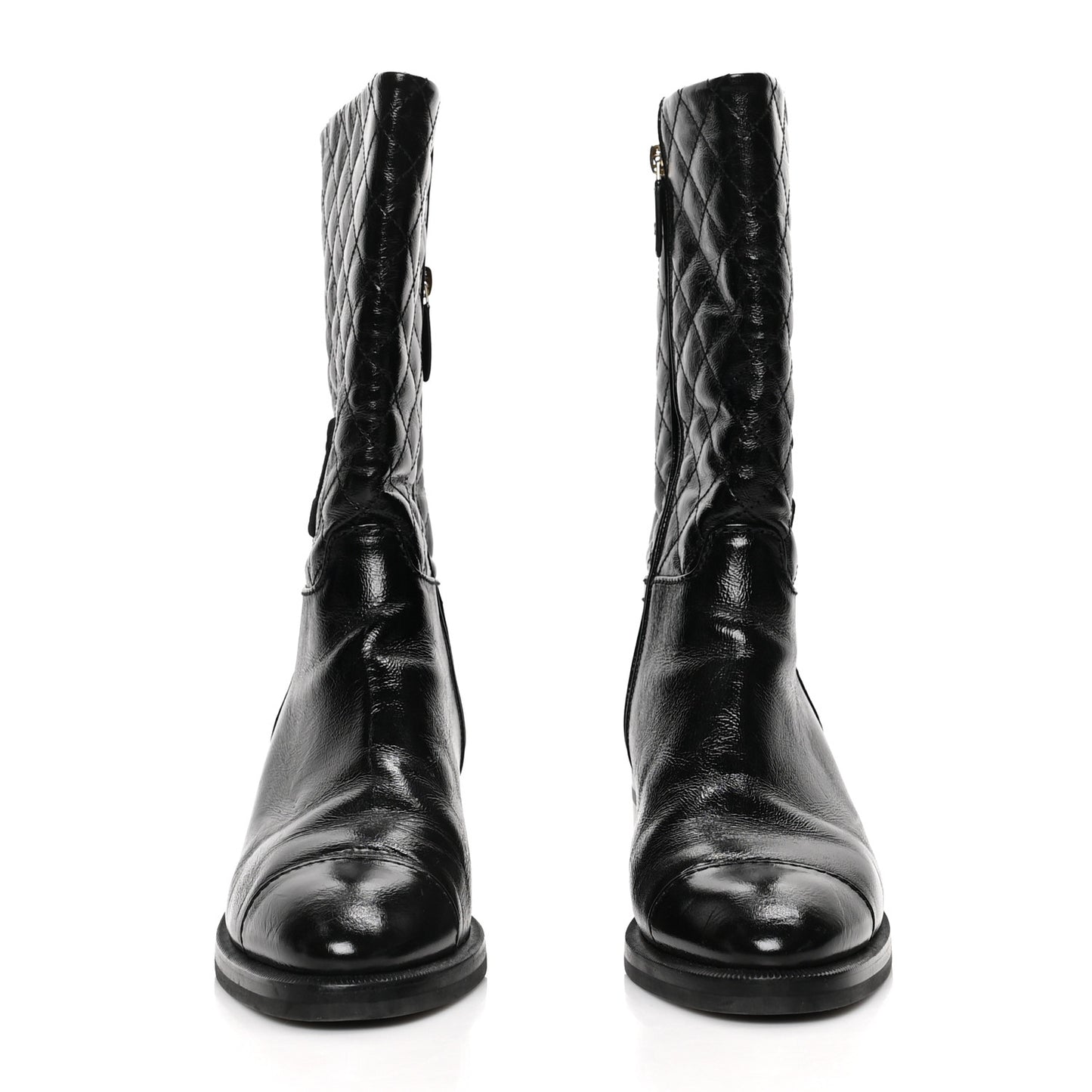 Shiny Crumpled Calfskin Quilted CC High Boots 37.5 Black