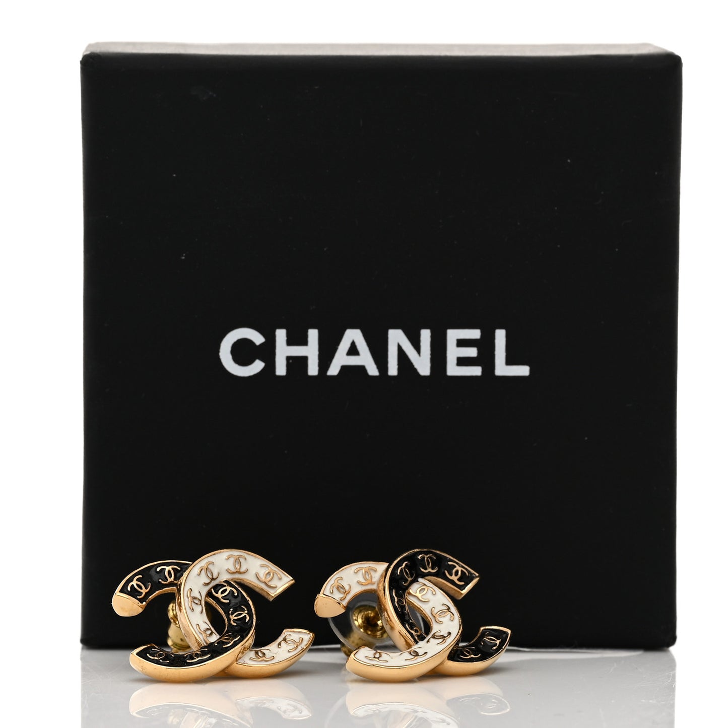 Enamel CC Logo Earrings Gold Black White