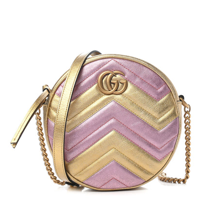 Gucci Metallic Calfskin Matelasse Mini GG Marmont Round Shoulder Bag Gold Pink 1 of 9