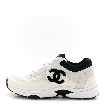 Chanel Mesh Suede Calfskin Grained Calfskin Womens CC Sneakers 39 White Black 1 of 10