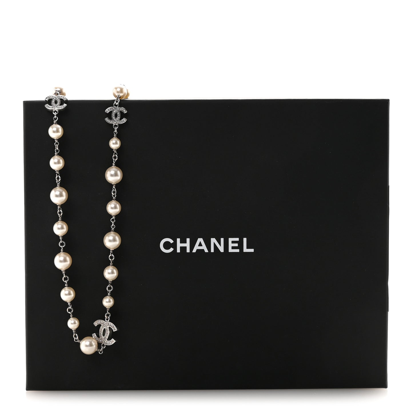 Crystal Pearl CC Long Necklace Silver