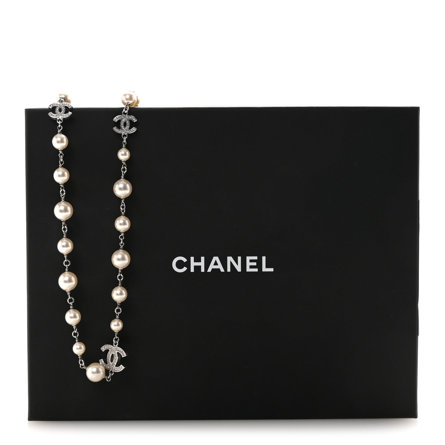 Chanel Crystal Pearl CC Long Necklace Silver 7 of 7