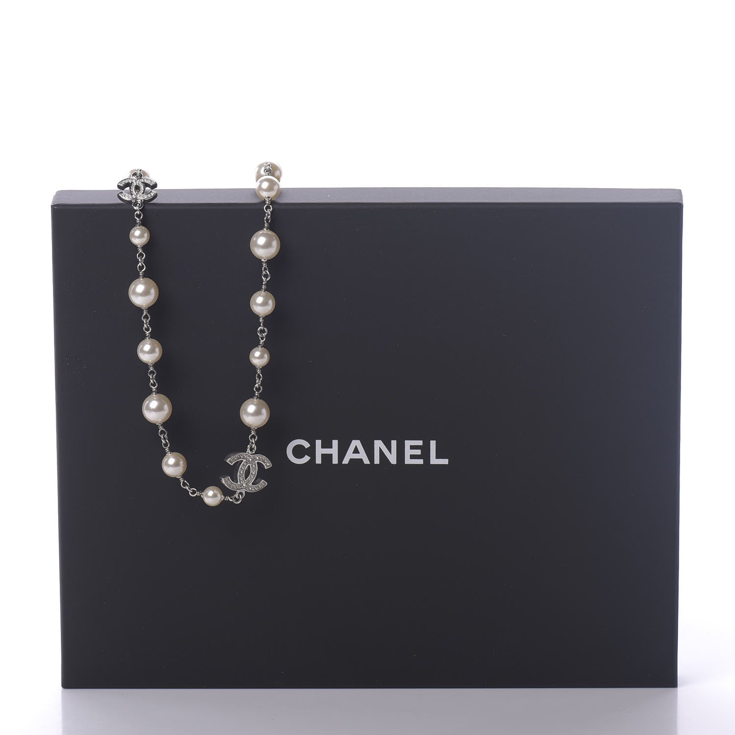 Chanel Crystal Pearl CC Long Necklace Silver 6 of 6