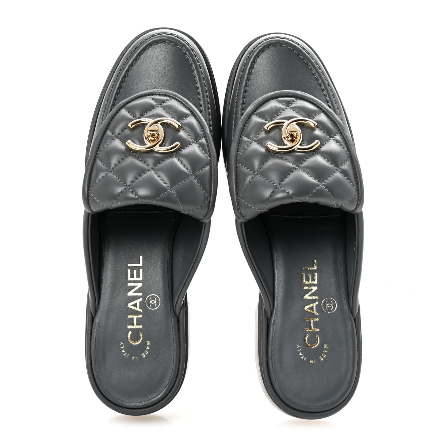 Lambskin Quilted CC Turnlock Mules 37 Dark Gray