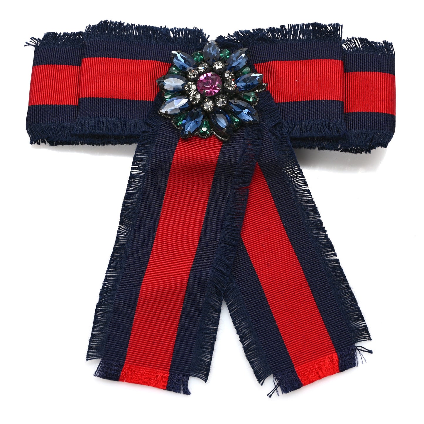 Grosgrain Web Crystal Bow Brooch Blue Red