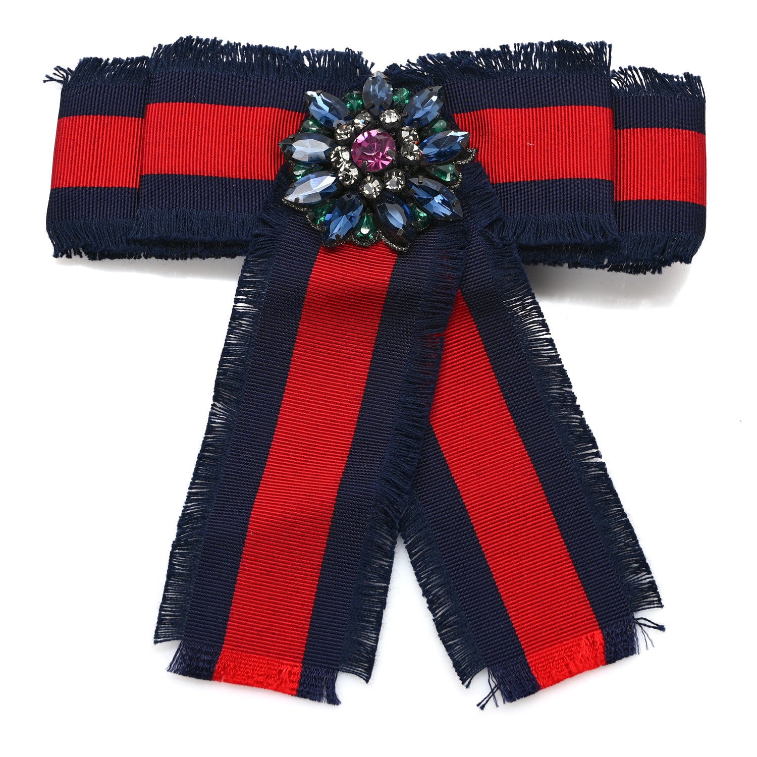 Gucci Grosgrain Web Crystal Bow Brooch Blue Red 1 of 4