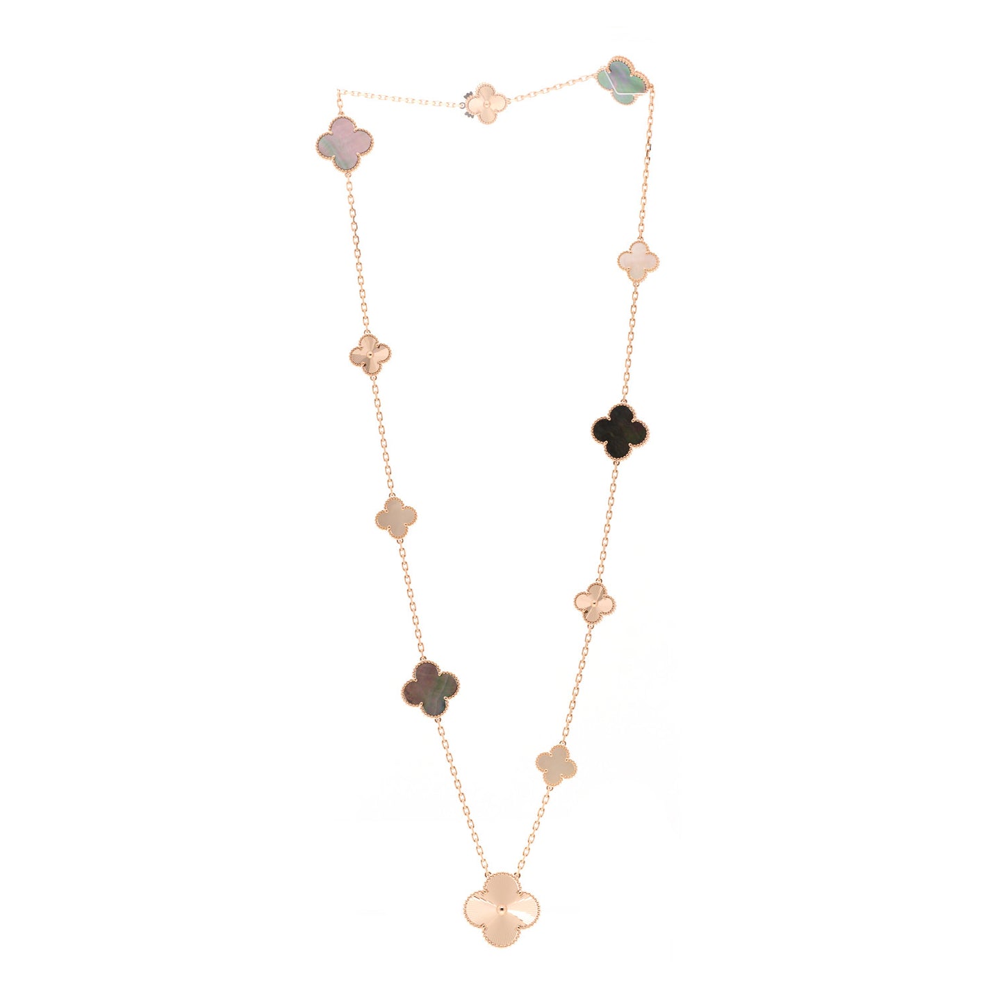 18K Rose Gold Mother of Pearl 15 Motifs Magic Alhambra Transformable Long Necklace