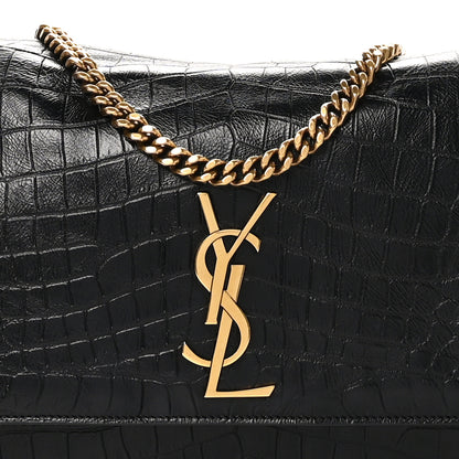 Saint Laurent Calfskin Crocodile Embossed Suede Medium Reversible Monogram Kate Satchel Military Taupe 8 of 11