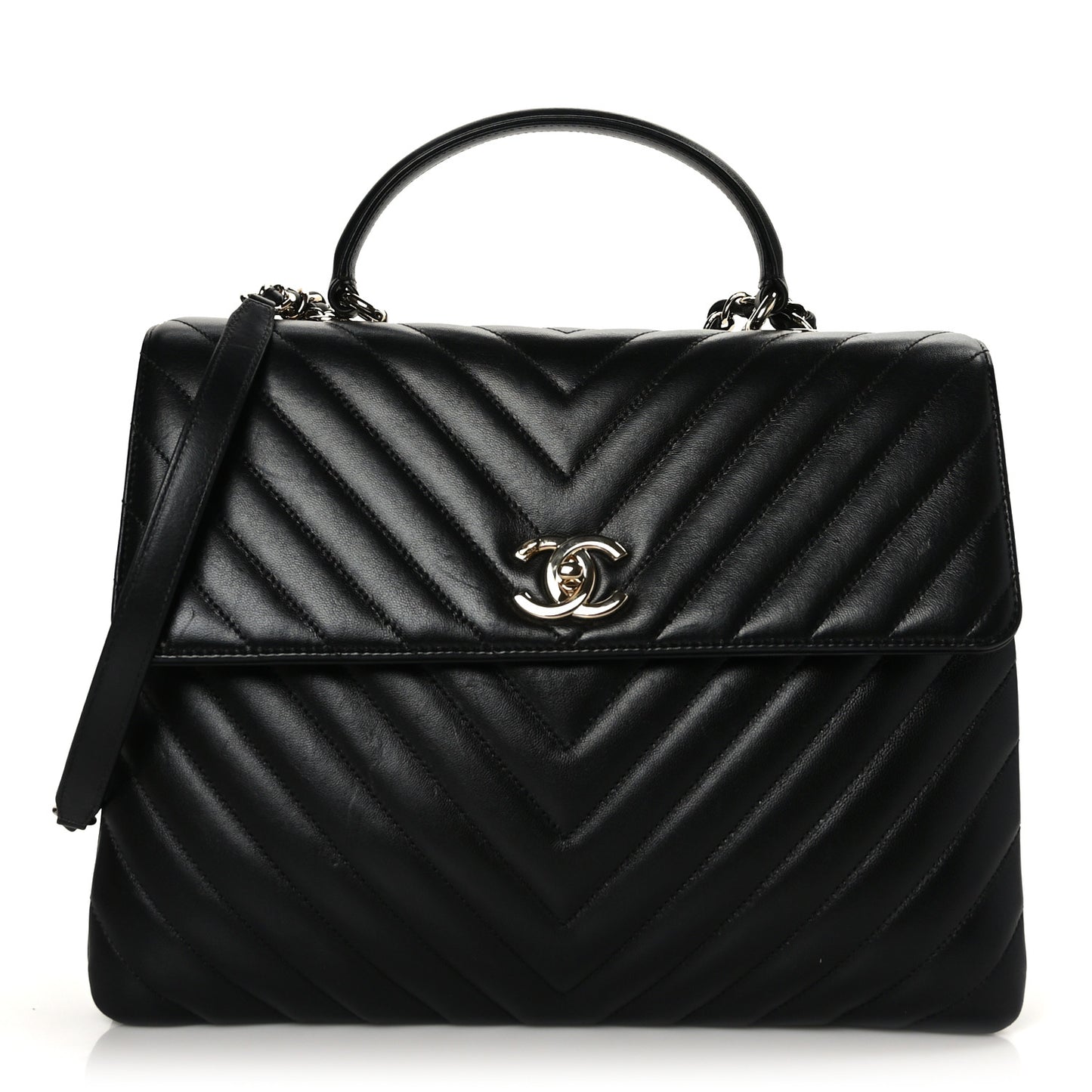 Lambskin Chevron Quilted Large Trendy CC Dual Handle Flap Bag Black