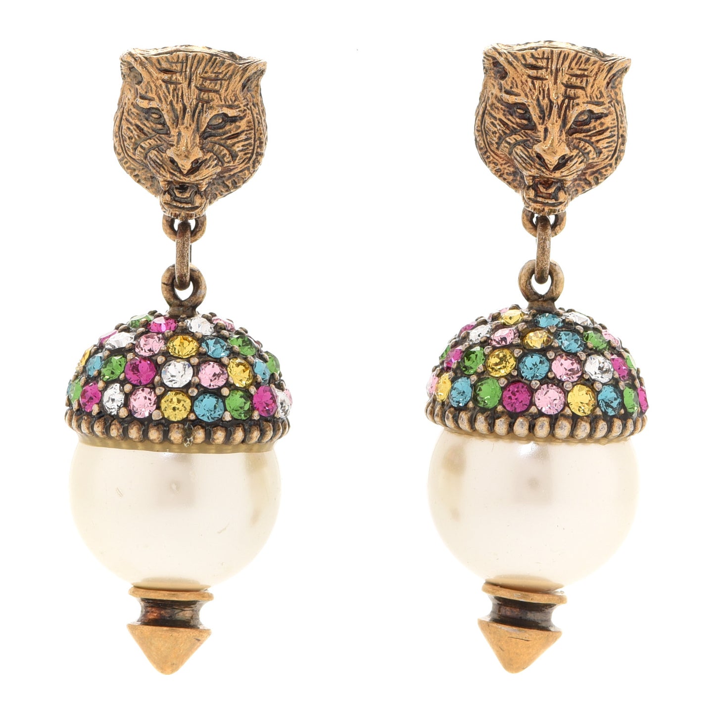 Metal Crystal Pearl Feline Earrings Aged Gold Multicolor