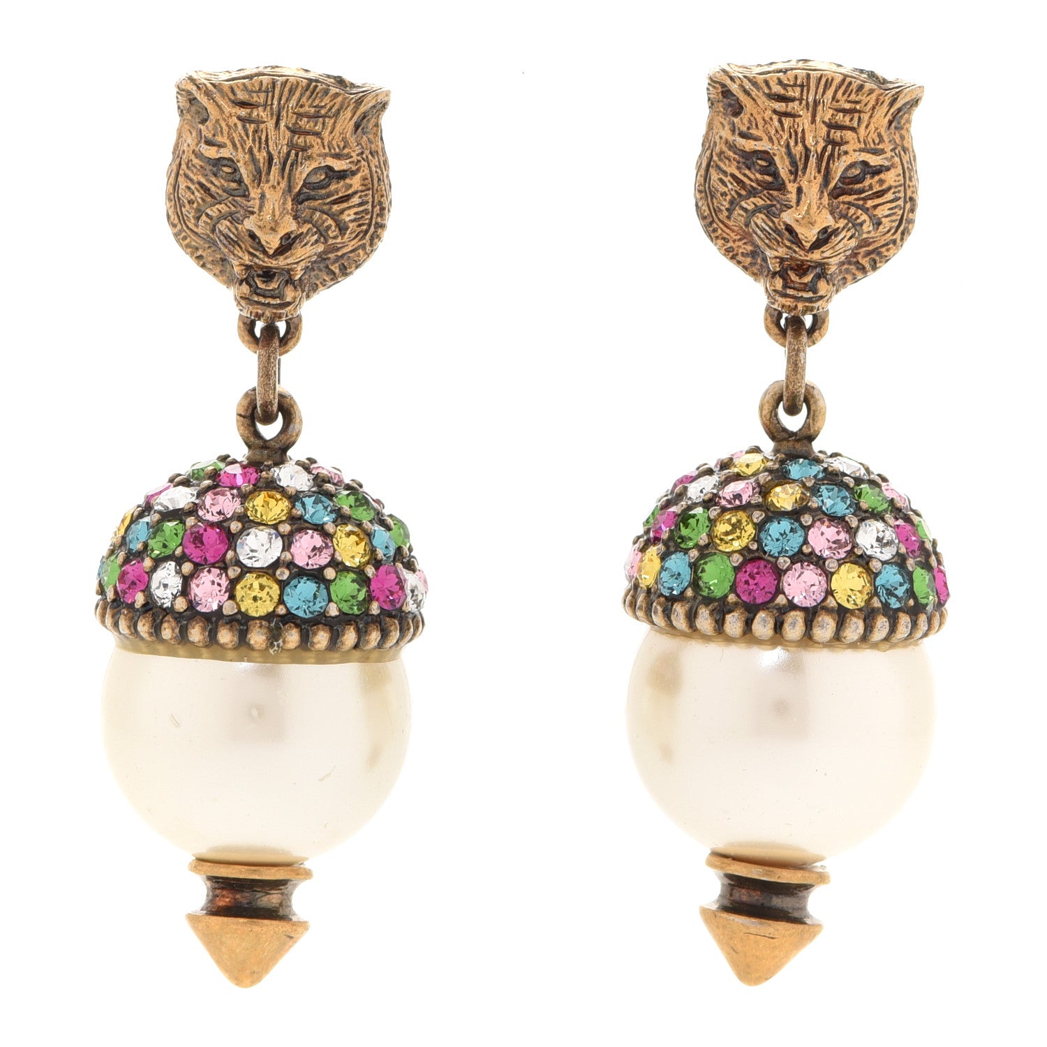 Gucci Metal Crystal Pearl Feline Earrings Aged Gold Multicolor 1 of 4