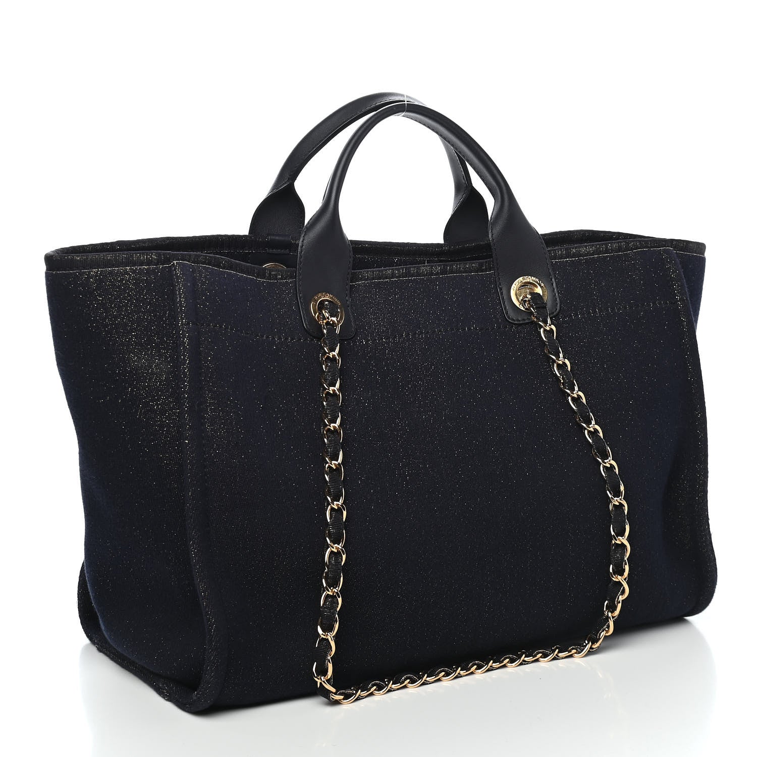 Chanel Lurex Canvas Medium Deauville Tote Navy Blue Gold 3 of 9