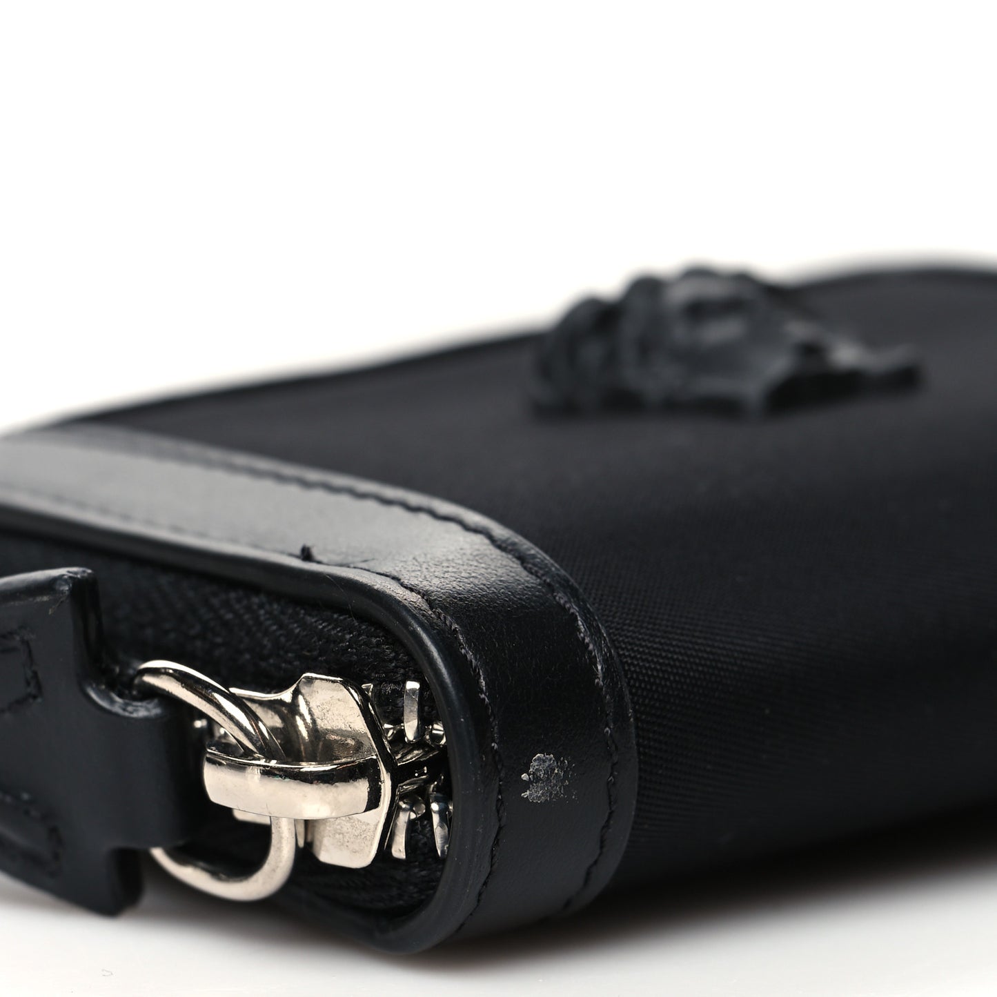 Calfskin Nylon La Medusa Zip Around Lanyard Wallet Black