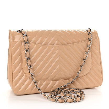 Chanel Patent Chevron Quilted Jumbo Double Flap Beige 3 of 11