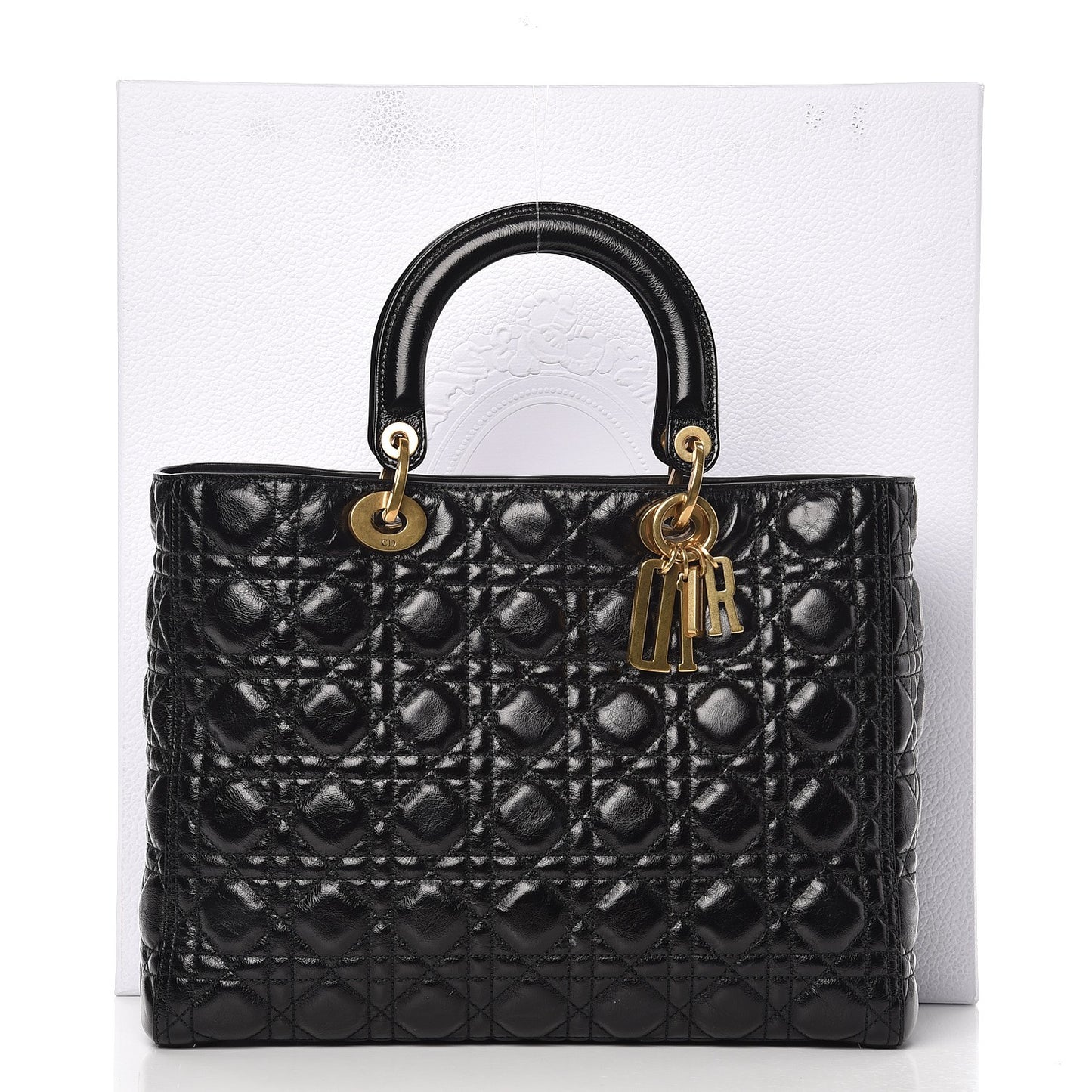Crinkled Patent Cannage Large Lady Dior Black