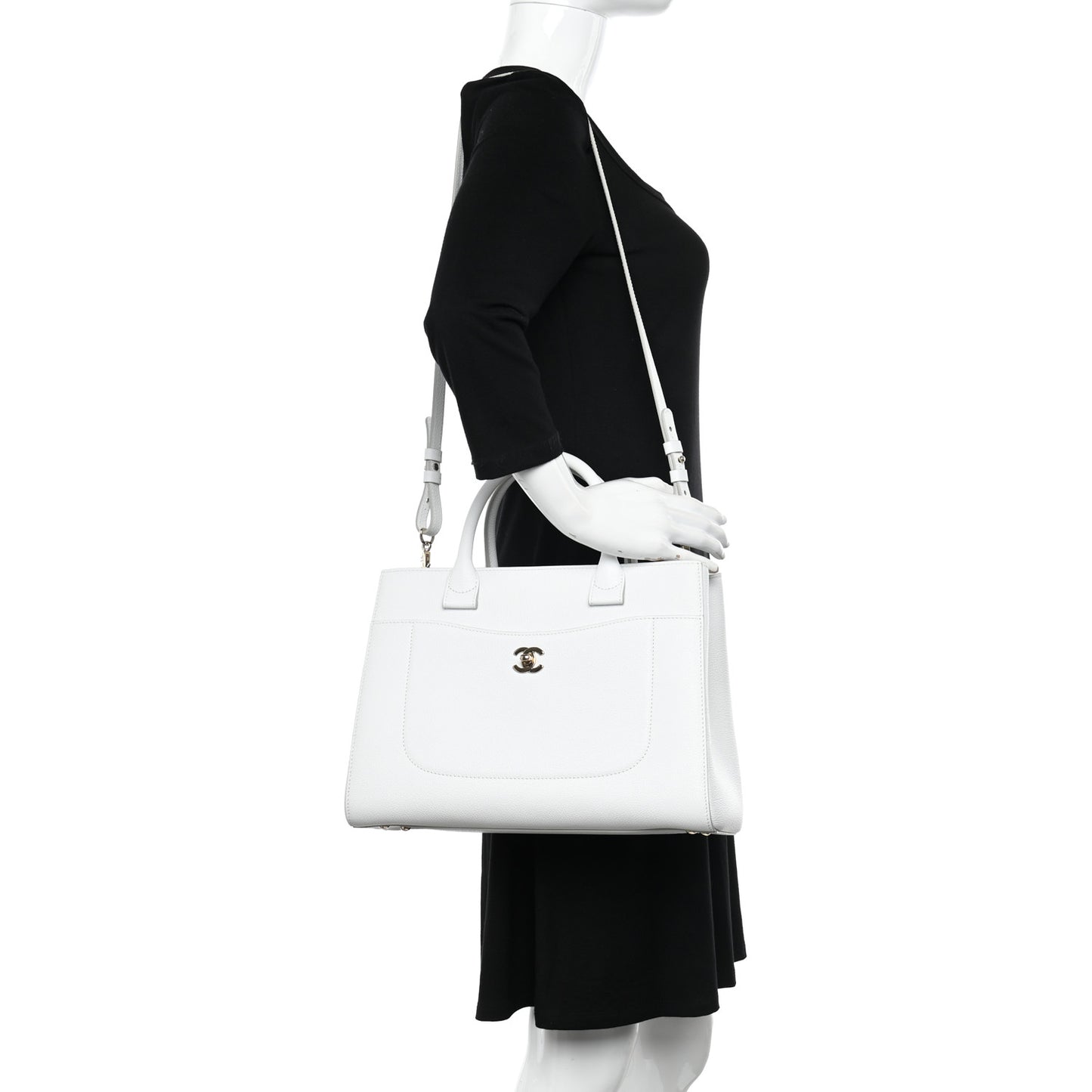 Grained Calfskin Small Neo Executive Shopper Tote White