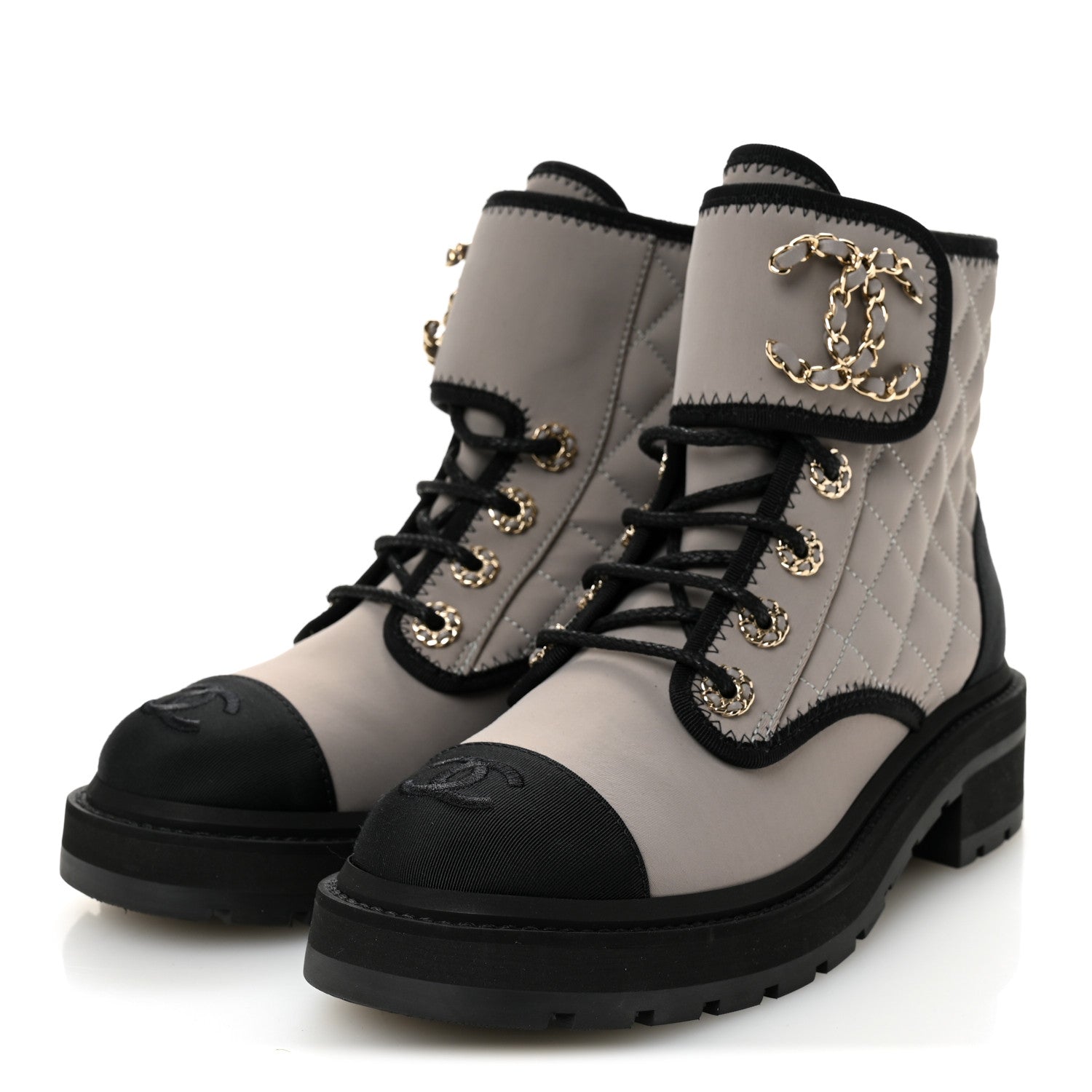 Chanel Fabric Grosgrain Quilted Cap Toe Lace Up Combat Boots 36 Gray 3 of 10