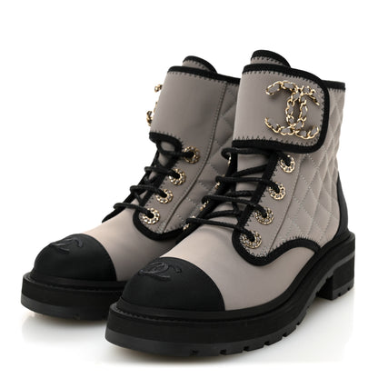 Chanel Fabric Grosgrain Quilted Cap Toe Lace Up Combat Boots 36 Gray 3 of 10