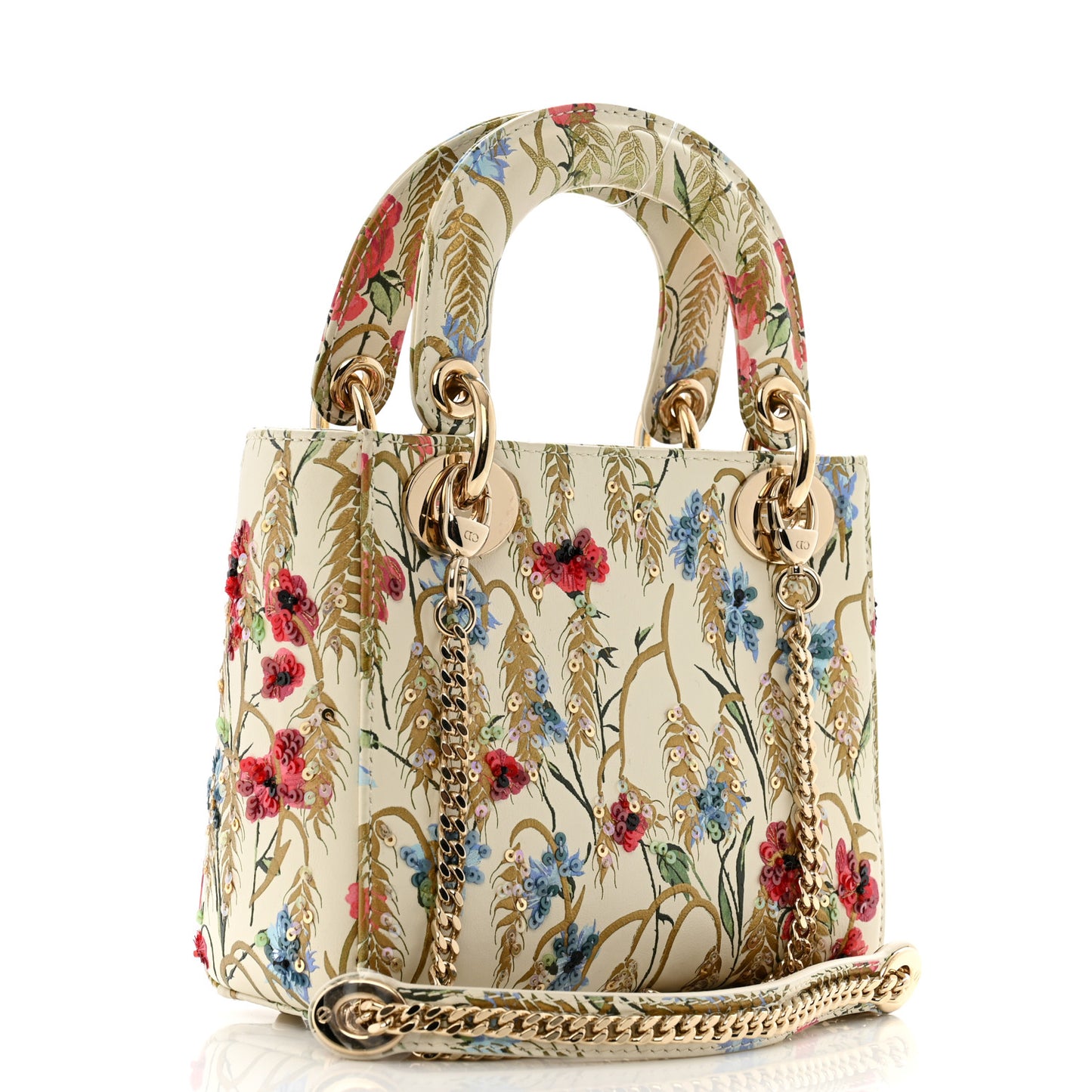 Calfskin Hibiscus Printed Embroidered Mini Lady Dior Beige Multicolor